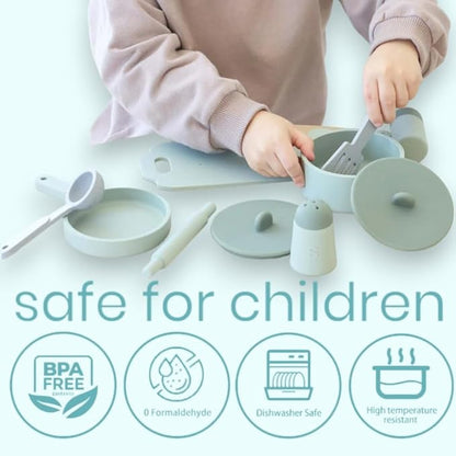Kids Kitchen Silicone Pretend Toys- 9pcs Play Kitchen Accessories Set with Cookware -Food Grade Silicone -Kids Toy Kitchen Accessories – Pretend Play Kitchen Toy Set for Cooking-Green