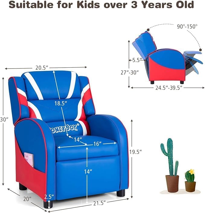 MEDIMALL Ergonomic Children's Recliner Chair with Side Pockets and Adjustable Footrest, Made of PU Leather Material, with Soft Cushions for Children's Recliner, Suitable for Children Aged 3-9