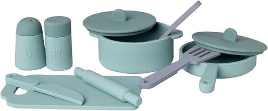 Kids Kitchen Silicone Pretend Toys- 9pcs Play Kitchen Accessories Set with Cookware -Food Grade Silicone -Kids Toy Kitchen Accessories – Pretend Play Kitchen Toy Set for Cooking-Green