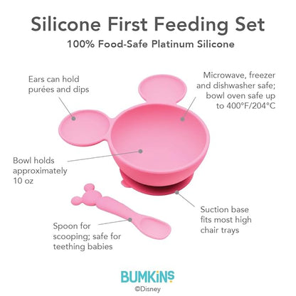 Bumkins Baby Bowls, Disney Minnie Mouse Silicone Baby Feeding Set, Suction Bowls for Baby and Toddler with Spoon, First Feeding Set, Platinum Silicone Bowl for Babies 4 Months
