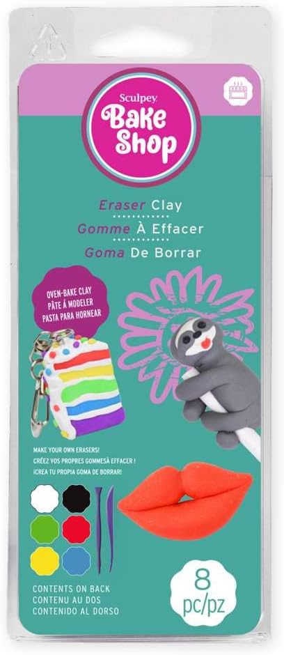 Polyform Sculpey Bake Shop Eraser Polymer Oven Bake Clay, 6 unique color set, becomes real erasers after baking, 1 modeling tool, Great for creating holiday, DIY projects, jewelry and school projects.