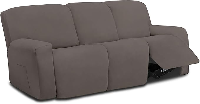 Easy-Going 8 Pieces Microfiber Stretch Sectional Recliner Sofa Slipcover Soft Fitted Fleece 3 Seats Couch Cover Washable Furniture Protector with Elasticity for Kids Pet(Recliner Sofa, Taupe)