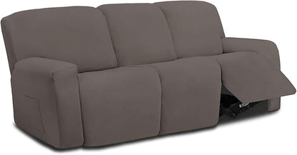 Easy-Going 8 Pieces Microfiber Stretch Sectional Recliner Sofa Slipcover Soft Fitted Fleece 3 Seats Couch Cover Washable Furniture Protector with Elasticity for Kids Pet(Recliner Sofa, Taupe)