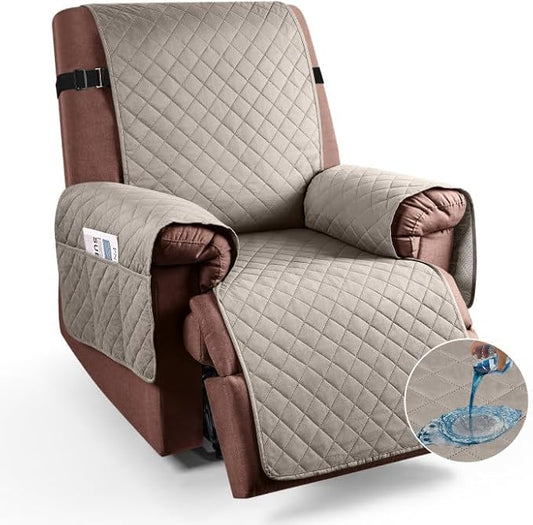 KinCam 100% Waterproof Recliner Chair Cover, Reclining Couch Covers for Pets, Dogs, Recliner Couch Slipcover Furniture Protector with Elastic Straps for Kids(28", Khaki)