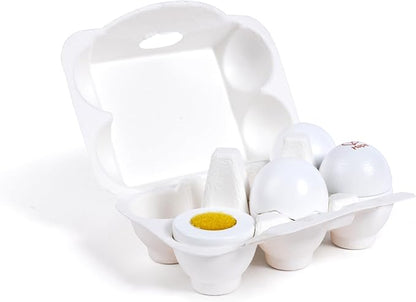 Hape Egg Carton | 3 Hard-Boiled Eggs with Easy-Peel Shell & 3 Fried, Wooden Realistic Educational Toy for Children 3+, White and Yellow (E3156)