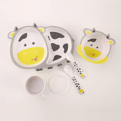 Kids Dinnerware Set Bamboo 5 Pcs with Plate Bowl Cup Fork Spoon (Cow)