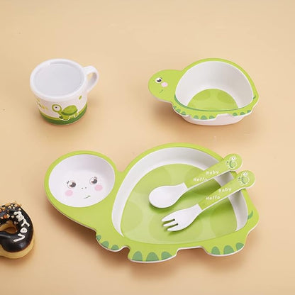 Bamboo Kids Dinnerware Set 5 Pcs Includes Plate Bowl Cup Fork Spoon Perfect for Kids BPA-Free (Tortoise)