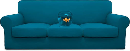 Easy-Going 100% Dual Waterproof Oversized Cover Stretch Soft Couch Cover for Dogs, Sofa Slipcover for 3 Separate Cushion Couch Leakproof Furniture Protector for Kids, Pets Peacock Blue