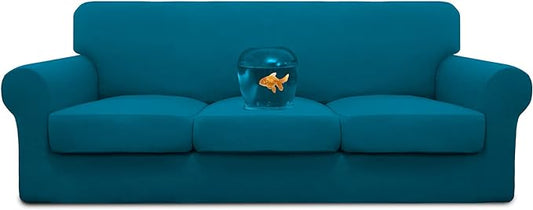 Easy-Going 100% Dual Waterproof Stretch Soft Couch Cover for Dogs, Sofa Slipcover for 3 Separate Cushion Couch Leakproof Furniture Protector for Kids, Pets Peacock Blue