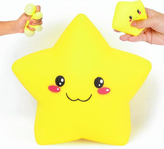 Squishy Star Stress Balls for Adults and Kids, Star Squishy Fidget Toys, Cute Stress Relief Sensory Toys for Autism ADHD Anxiety, Soft Dough Squeeze Ball, Party Favors Birthday for Girls Boys (Yellow)