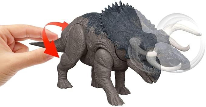 Mattel Jurassic World Rebirth Wild Roar Nasutoceratops Dinosaur Toy with Tail-Controlled Chomp Multi-Direction Attack & Sound, Posable & Digital Play
