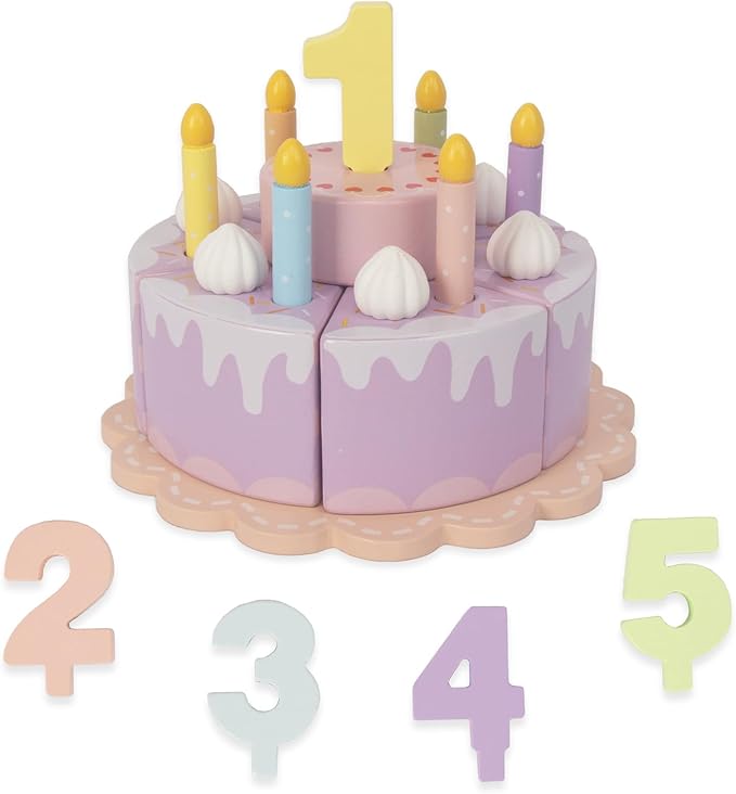 Pretend Play Food for Toddlers 1-3,Wooden Birthday Fake Cake with Candles and Numbers,Tea Party Learning Kitchen Gift Toys for Boys Girls (Cream Cake)