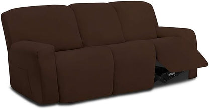 Easy-Going 8 Pieces Microfiber Stretch Sectional Recliner Sofa Slipcover Soft Fitted Fleece 3 Seats Couch Cover Washable Furniture Protector with Elasticity for Kids Pet(Recliner Sofa, Coffee)