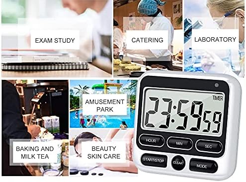 Digital Kitchen Timer with Mute/Loud Alarm Switch ON/Off Switch, 12 Hour Clock & Alarm, Strong Magnet and Simple Operation, Count Up & Count Down for Kids Teachers Cooking, Large LCD Display (Black)
