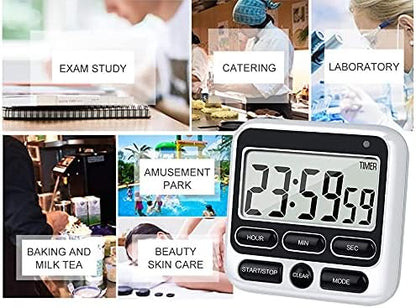 Digital Kitchen Timer with Mute/Loud Alarm Switch ON/Off Switch, 12 Hour Clock & Alarm, Strong Magnet and Simple Operation, Count Up & Count Down for Kids Teachers Cooking, Large LCD Display (Black)