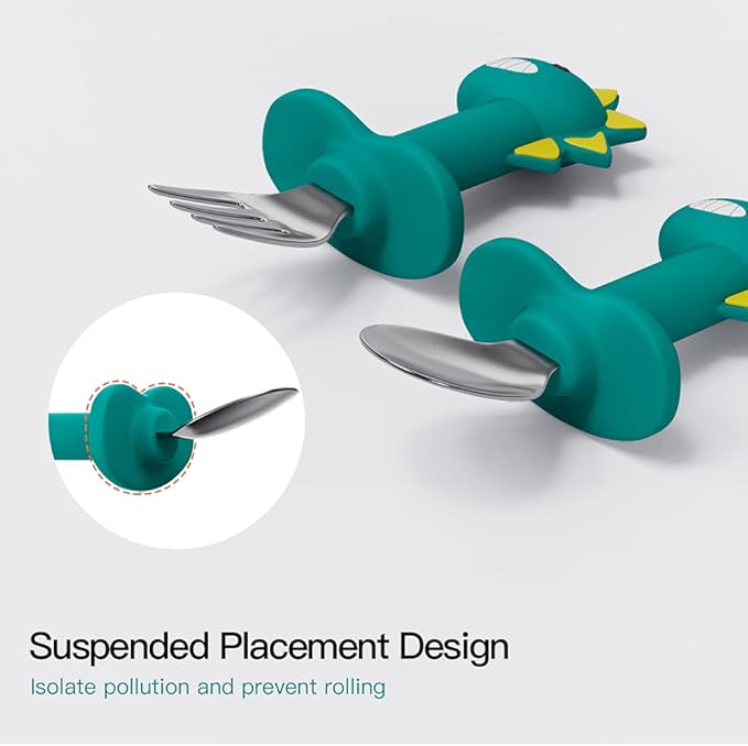 Baby Forks and Spoons Set Baby Training Utensils Self Feeding Toddler Silverware Silicone and Stainless Steel Kids and Toddler Utensil (Pink Dinosaur - Short)