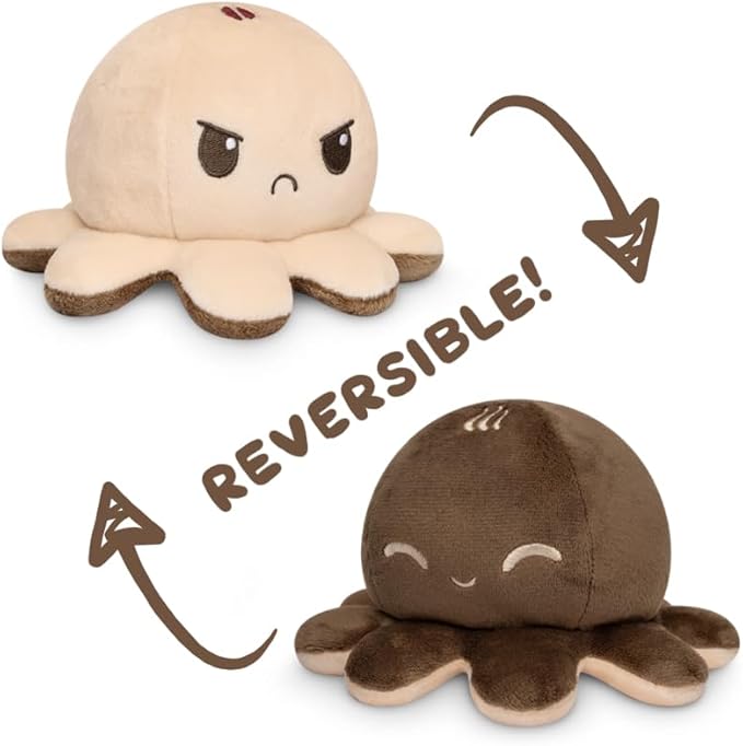 TeeTurtle Reversible Octopus Plushie 4-Inch Coffee + Cream Two-Sided Flip Plush Toy with Embroidered Details - Cute Mini Collectible Plush for Kids, Teens, and Adults