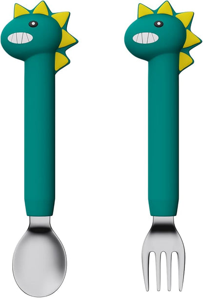 Baby Forks and Spoons Set Baby Training Utensils Self Feeding Toddler Silverware Silicone and Stainless Steel Kids and Toddler Utensil (Green Dinosaur - Long)