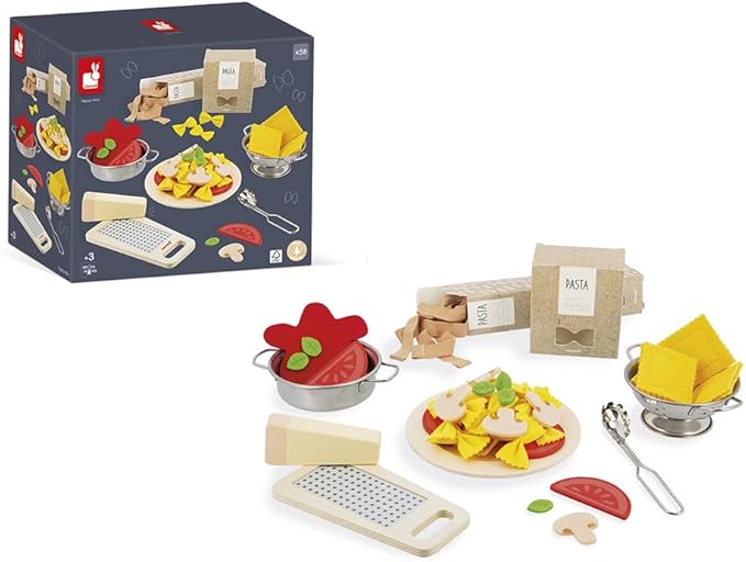 Janod - Pasta Mix - Pasta Set - Pretend Play Kitchen & Tea Set Toy - 58 Wooden, Cardboard and Felt Pieces Included - Water-Based Paints - 3 Years + J06598