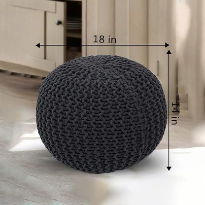 The Home Talk Poufs Ottoman - Home Décor Cord Pouffe for Couch 100% Cotton Hand Knitted Floor Chair - Small Foot Stool for Living Room, Nursery, Patio, Lounge, 18"x18"x14" - Dark Grey