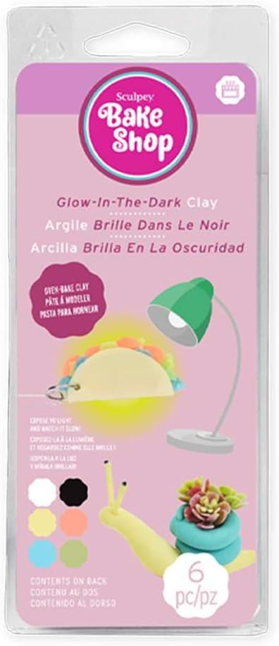 SCULPEY AMAZING ERASER CLAY Bake Shop Glow in the Dark Polymer Oven Bake Clay, 6 unique color set, clay projects glow in the dark made for creating holiday, DIY projects, jewelry and school projects.