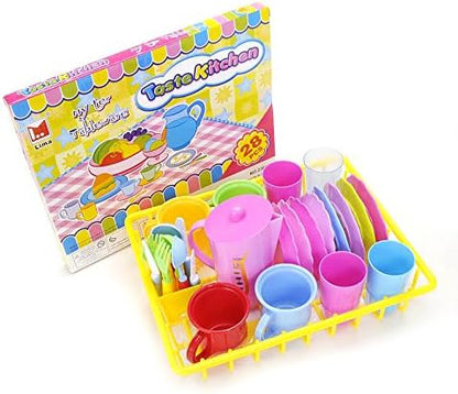 PowerTRC Kids Pretend Play Dishes Playset, Durable Kitchen Toys and Tea Set for Children, Wash and Dry Tea Playset with Dish Rack and Accessories (27 Pieces)