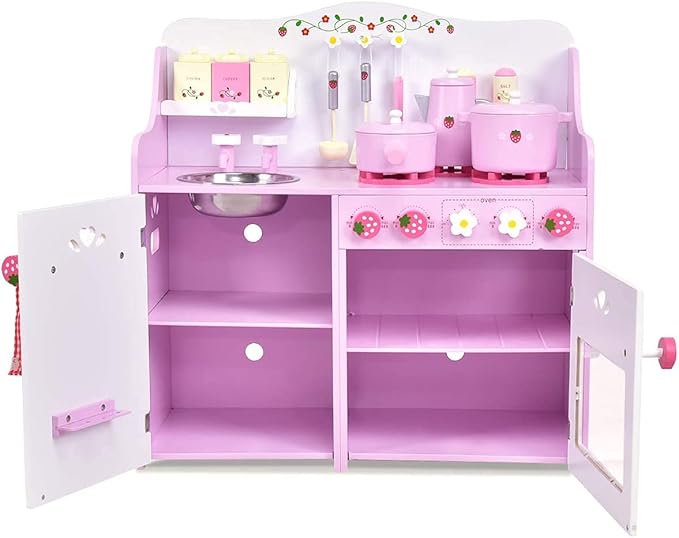 Fireflowery Wooden Play Kitchen, Play Cooking Set w/Sink, Stovetop, Fridge, Microwave, Pretend Kid Kitchen Set for Toddlers, Gift for Ages 3+