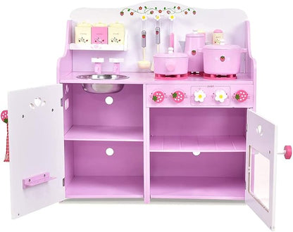 Fireflowery Wooden Play Kitchen, Play Cooking Set w/Sink, Stovetop, Fridge, Microwave, Pretend Kid Kitchen Set for Toddlers, Gift for Ages 3+