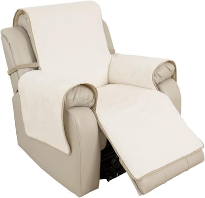 RBSC Home Waterproof Faux Fur Recliner Covers - Ivory Antislip Recliner Chair Slipcover Faux Rabbit Plush Furniture Protector with Elastic Straps for Kids, Dogs, Pets