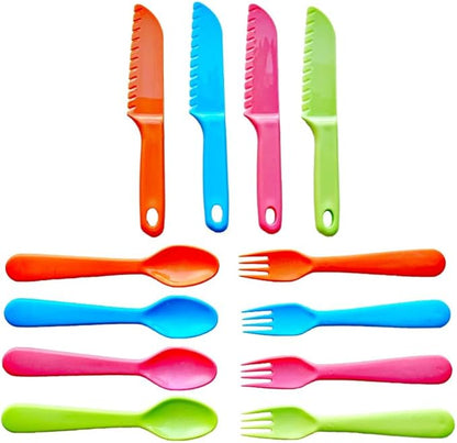 Jawbush 12Pcs Kids Cutlery Set, Plastic Toddler Utensils Forks and Spoons with Serrated Nylon Knives for School Lunch Box or Travel with Bright Colors, Reusable Kids Silverware Set also for Adults