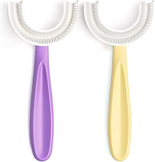 YOTEE U-Shaped Toothbrush Kids 2 PCS - Toddler Toothbrush with Food Grade Soft Silicone Brush Head, Manual Whole Mouth Toothbrush for Kids Age 6-12(Purple+Yellow), 360°Oral Teeth Cleaning