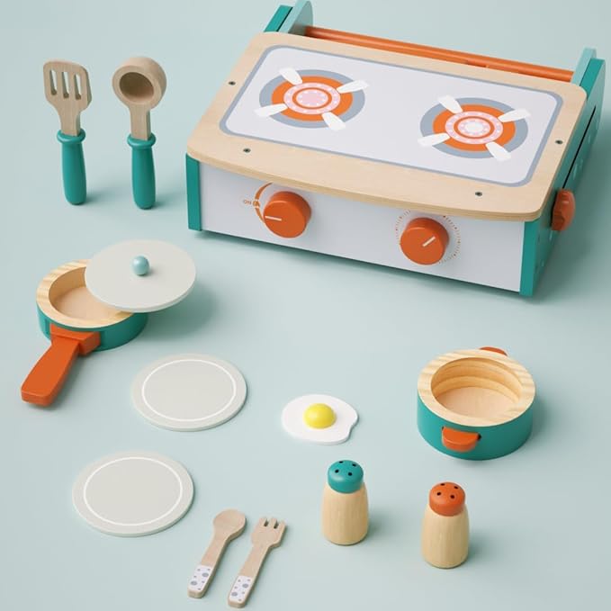 Dailyfunn Wooden Foldable &Portable Toy Stove Pretrend Kitchen PlaySet with Cooking Accessories