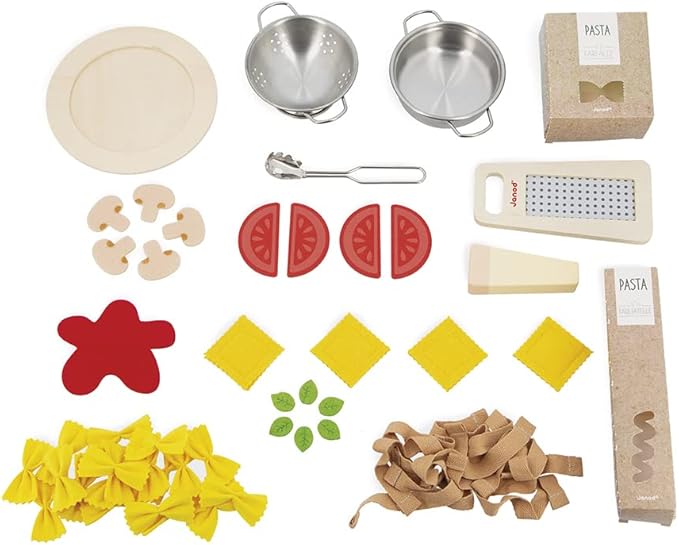 Janod - Pasta Mix - Pasta Set - Pretend Play Kitchen & Tea Set Toy - 58 Wooden, Cardboard and Felt Pieces Included - Water-Based Paints - 3 Years + J06598