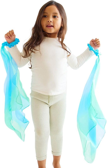 Sarah's Silks Wrist Streamers | 100% Silk Montessori and Waldorf Toys | Rhythm Ribbons for Dance, Imaginative, and Pretend Play | Includes 2 Pieces (Sea)