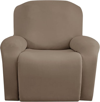 Jin Le 4 Pieces Recliner Cover Stretch Recliner Chair Cover 1 Seater Recliner Couch Covers Sofa Covers Stretch Soft Furniture Protector with Elastic Bottom and Ties for Kids Pet(Recliner, Khaki)