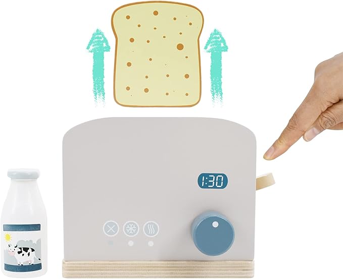 PairPear Pop up Toaster Play Kitchen Playset - Wooden Toy Food 11 Accessories for Kids