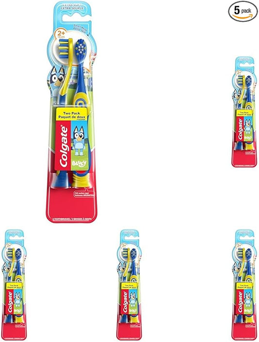 Colgate Bluey Extra Soft Toothbrush for Kids, Kids Toothbrush Pack with Built in Suction Cup Toothbrush Holder, Designed for Children Ages 2 and Up, Extra Soft Bristles, 2 Count (Pack of 5)