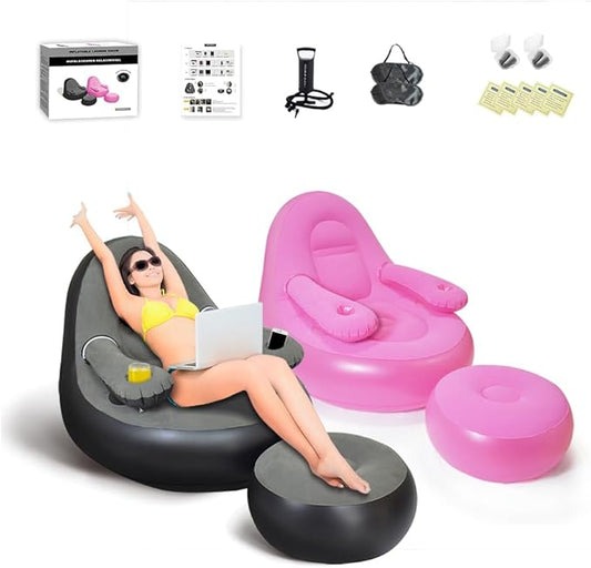 Set of 2 Inflatable Armrest Lounge Chair with Ottoman,Hand Pump,Eye Mask,Earplugs-Portable Blow Up Sofa,Air Chaise Lounge,Ideal Loveseat Set for Family Movie Night,Couple,Gaming,Party,Camping,Garden