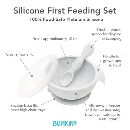 Bumkins Baby Bowl, Silicone Baby Feeding Set with Suction for Baby and Toddler, Includes Spoon and Lid, First Feeding Set, Essential for Baby Led Weaning for Babies 4 Months, Marble