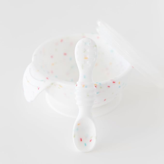 Bumkins Baby Bowls, Silicone Baby Feeding Set, Suction Bowls for Baby and Toddler with Spoon and Lid, First Feeding Set, Platinum Silicone Bowl for Babies 4 Months