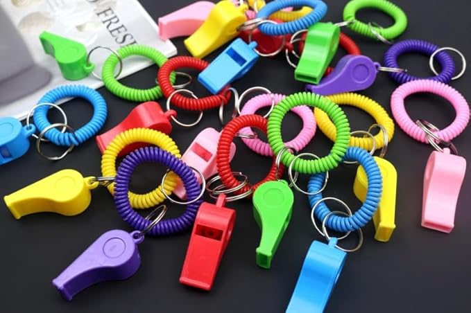 Whistle Bracelets with Keychain, Set of 24, Plastic Whistle Bracelets, Assorted Colors, for Sports Party Favors, School Sports Supplies, Great Party favor, Goody Bag Fillers