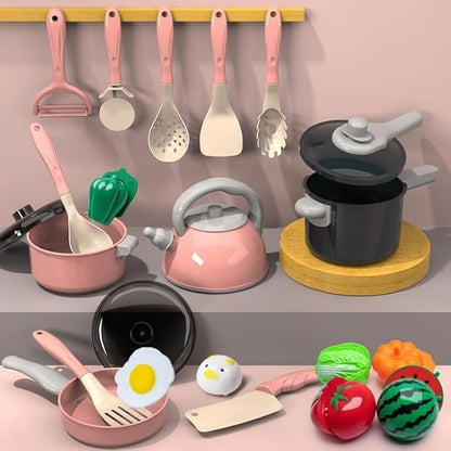 Kids Kitchen Toy Accessories Kitchen Playset Pretend Cooking Play Pots Pans Utensils Cookware Food Fruit Veges Shopping Storage Basket Learning Present for Girls Boys