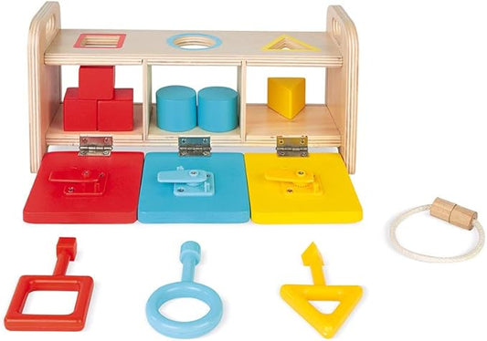 Janod Shape Sorter Box with Keys – Wooden Sorting Toy with Geometric Shapes – Ages 18+ Months- J05065