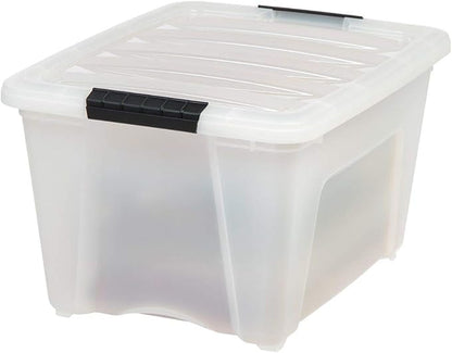 IRIS USA 32 Qt Stackable Plastic Storage Bins with Lids, 6 Pack - BPA-Free, Made in USA - Discreet Organizing Solution, Latches, Durable Nestable Containers, Secure Pull Handle - Pearl