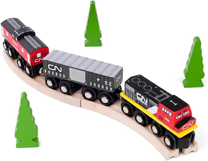 Bigjigs Rail Wooden CN Train - 1 Engine, 2 Carriages & 2 Track Pieces, Kids Train Toy Accessories, Toddler Railway Sets, Trains with Magnetic Couplings, for 3+ Year Old