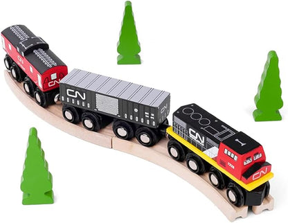 Bigjigs Rail Wooden CN Train - 1 Engine, 2 Carriages & 2 Track Pieces, Kids Train Toy Accessories, Toddler Railway Sets, Trains with Magnetic Couplings, for 3+ Year Old