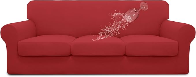Easy-Going 100% Dual Waterproof Stretch Soft Couch Cover for Dogs, Sofa Slipcover for 3 Separate Cushion Couch Leakproof Furniture Protector for Kids, Pets Christmas Red