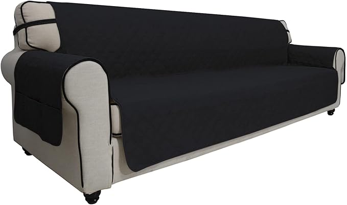 Easy-Going Sofa Slipcover Waterproof Sofa Cover Couch Cover for 4 Cushion Couch with Elastic Straps Washable Non-Slip Furniture Protector Cover for Pets, Dogs, Cat (XX-Large, Black)