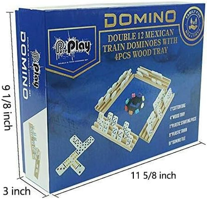 Mexican Train Dominoes Set - Double 12 Colored Dot Dominoes - Includes 91 Tiles with 9 Trains, 4 Wooden Trays and Storage Bag for 2-8 Players Ages 8+