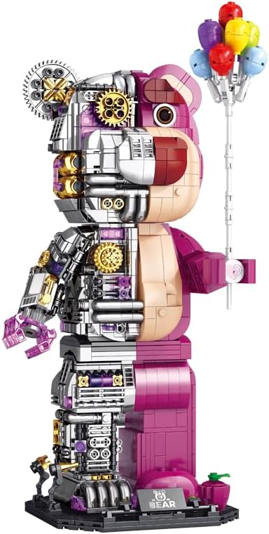 Pink Small Particles(1729 Pieces)Semi-Mechanical Building Block Teddy Bear Compatible with Lego Suitable for Ages 15+ Comes with a Transparent Display Box and a Multi-Functional Building Block Hammer